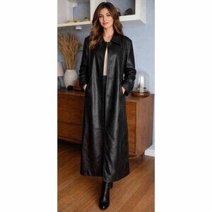 Vintage Harlan New York Black Soft Leather Long Trench Coat Jacket Sz 10